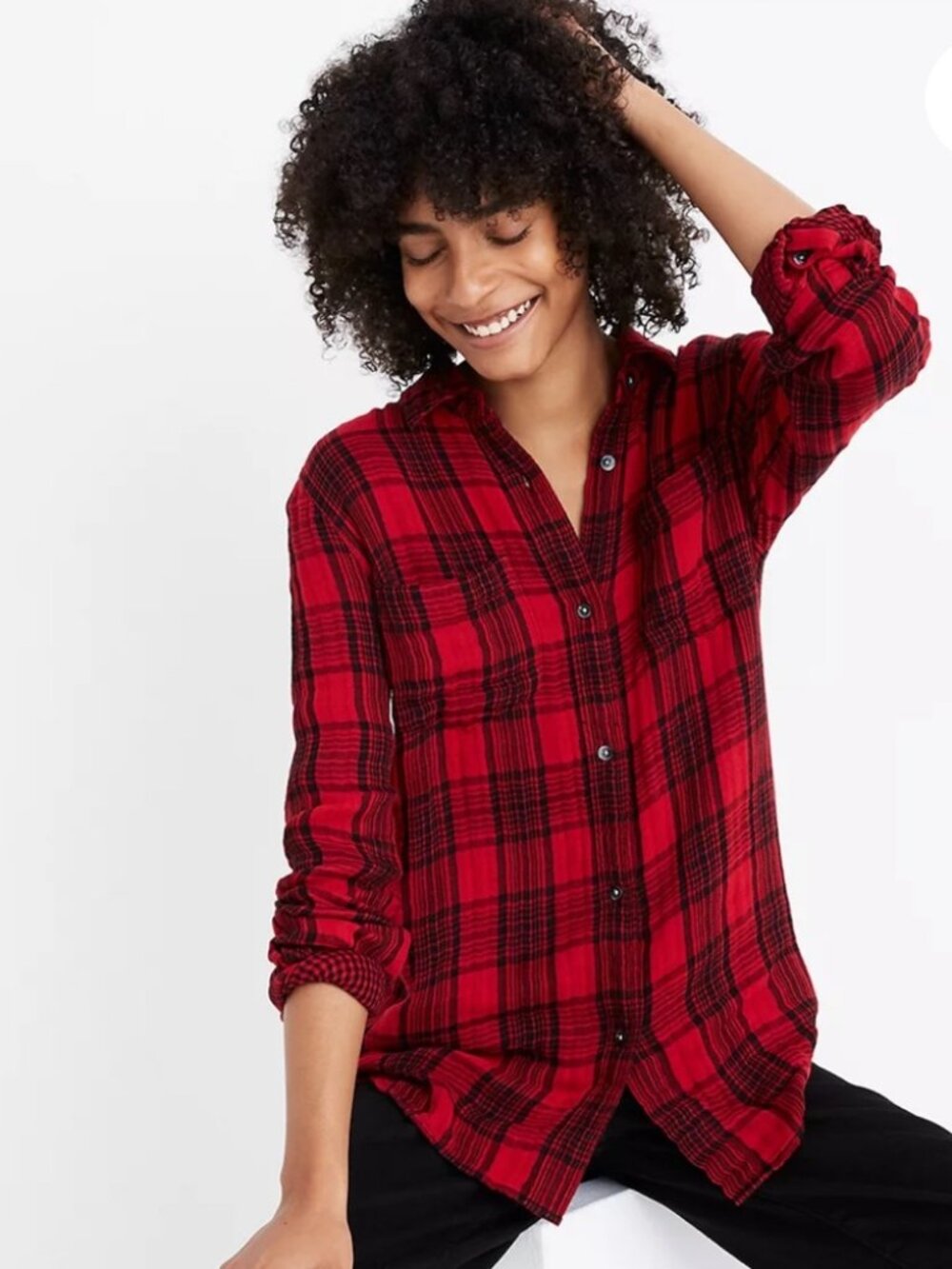 Madewell Crinkled Classic Ex-Boyfriend Shirt in Lucien Plaid (Red/Black)